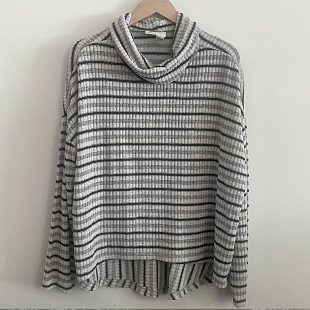 Saturday Sunday by Anthropologie Grey and White Striped Loose Turtleneck Top